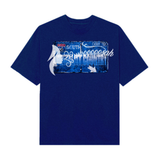 Royal blue Jhea-inspired wrestling graphic t-shirt as a highway sign