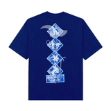 Royal blue Jhea-inspired graphic t-shirt with danger road signs depicting famous wrestling moves, including submission holds and signature finishers